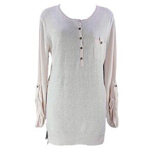 Axcess Sz L Pink Ramie Cotton Tab Sleeve Vent Hem Tunic Sweater